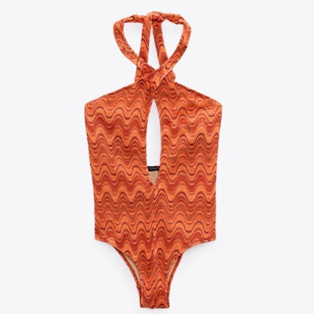 New Zara Retro Wave Print One Piece Halter Swimsuit Bodysuit 2856/228